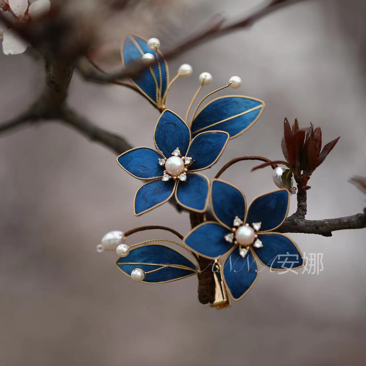 凤尾发卡原创设计手工掐丝绒花发簪古风汉服旗袍头饰132