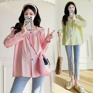 春季新款孕妇装百搭上衣时尚减龄遮肚娃娃衫孕期大码宽松长袖衬衫