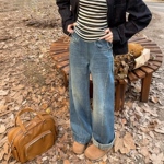 2026春季新款孕妇装牛仔高腰阔腿裤韩版时尚孕期大码直筒休闲裤子