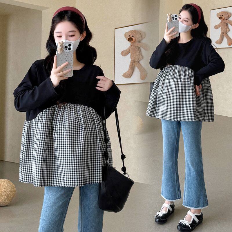 春季新款孕妇装格子拼接娃娃衫孕期甜美外穿T恤衫休闲大码上衣女