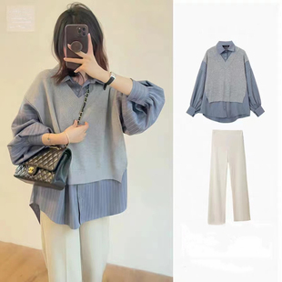 洋气孕妇秋装长袖上衣时尚拼接宽松假两件孕妇衫休闲百搭减龄韩版