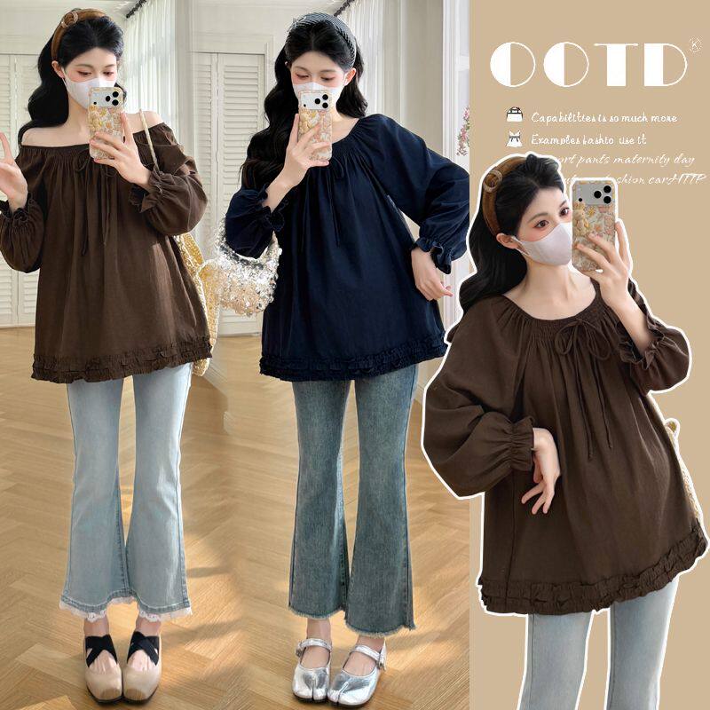 2026春季新款孕妇装洋气褶皱边娃娃衫韩系孕期大码宽松长袖上衣女