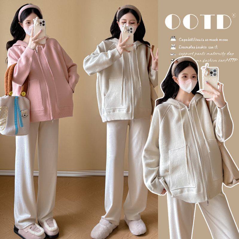 孕妇装秋冬季新款针织衫连帽外套韩版孕期宽松百搭开衫大码毛衣女