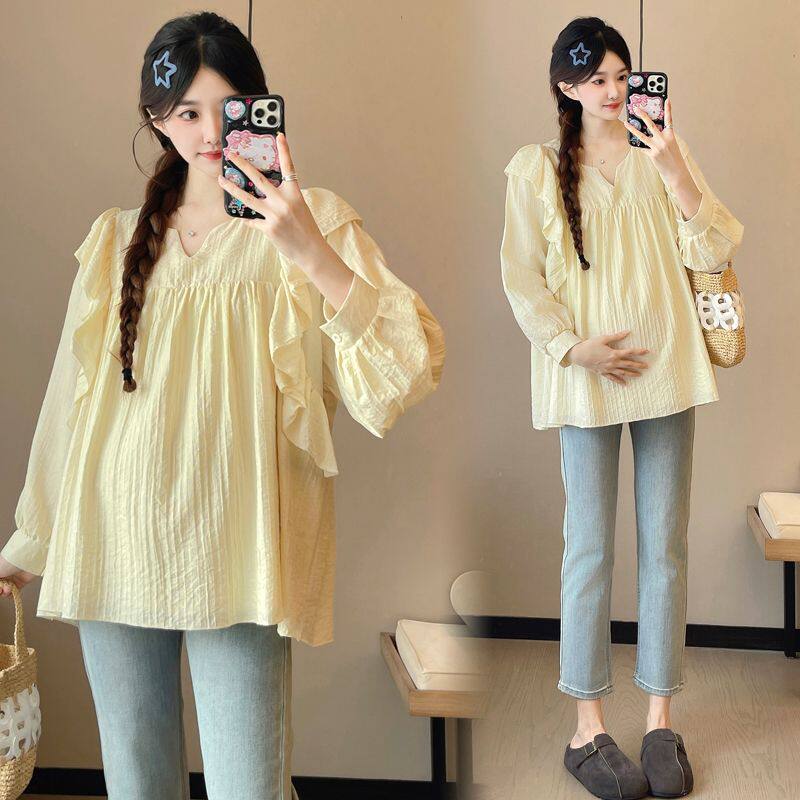 时尚春季孕妇装木耳边长袖上衣显瘦减龄休闲甜美宽松大码娃娃衫女