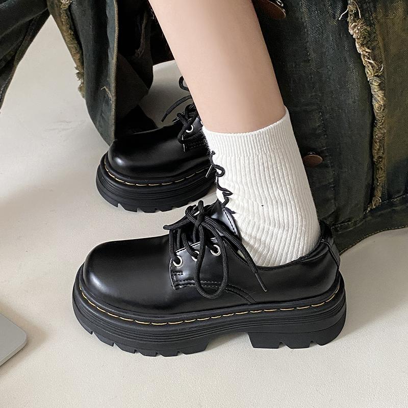 春秋新款小皮鞋女英伦风复古加绒黑色百搭松糕增高jk鞋厚底乐福鞋