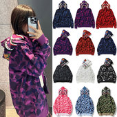 秋冬装 潮牌鲨鱼迷彩双帽刺绣情侣宽松纯棉拉链开衫 连帽外套卫衣女