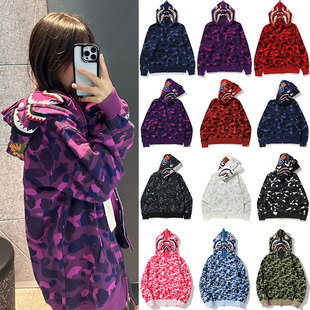 秋冬装 连帽外套卫衣女 潮牌鲨鱼迷彩双帽刺绣情侣宽松纯棉拉链开衫