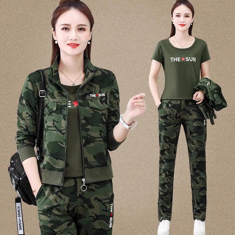 2025年春秋军绿色迷彩运动服套装女妈妈装宽松休闲春季卫衣三件套