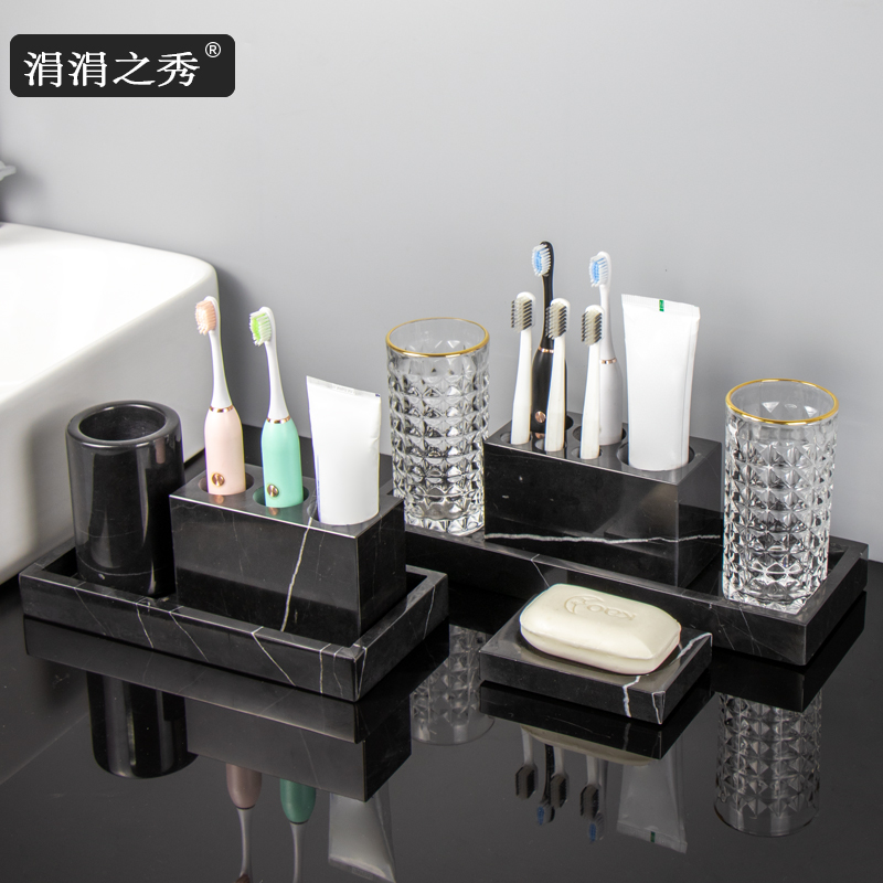 大理石轻奢摆台式免打孔刷牙杯