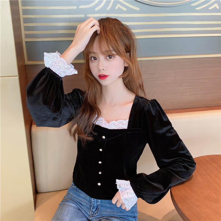 Real price ~ French square neck foam sleeve velvet top women's design sense of care machine fashionable shirt