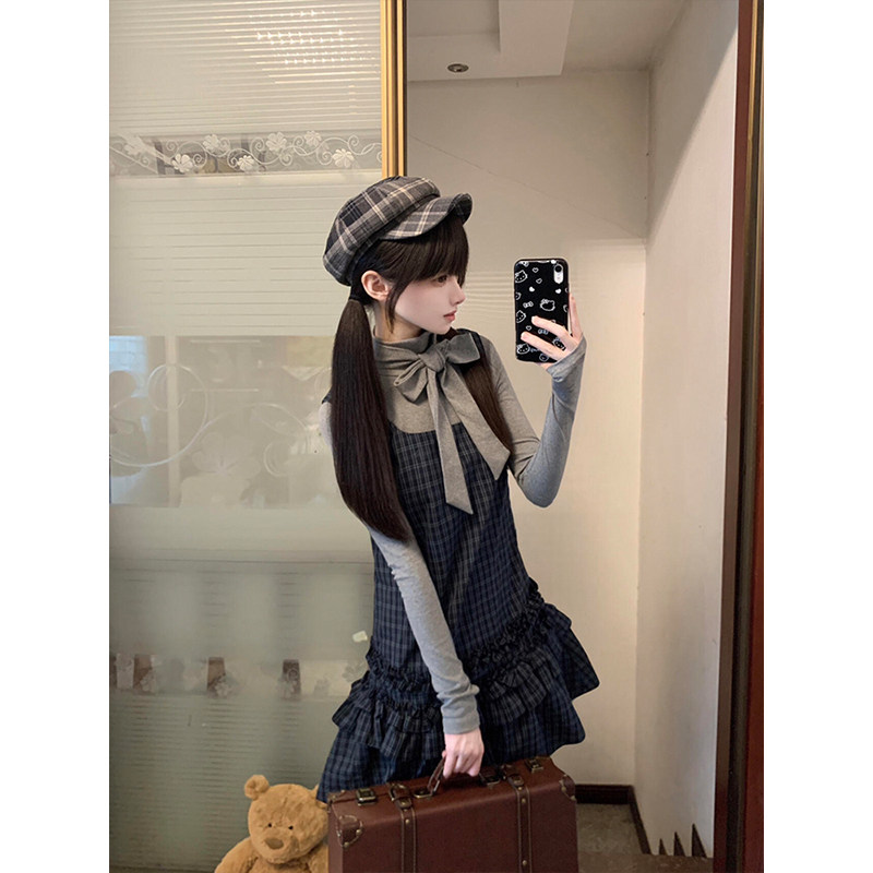 韩系学院风格纹背带连衣裙女2025秋季新款蝴蝶结立领长袖上衣套装