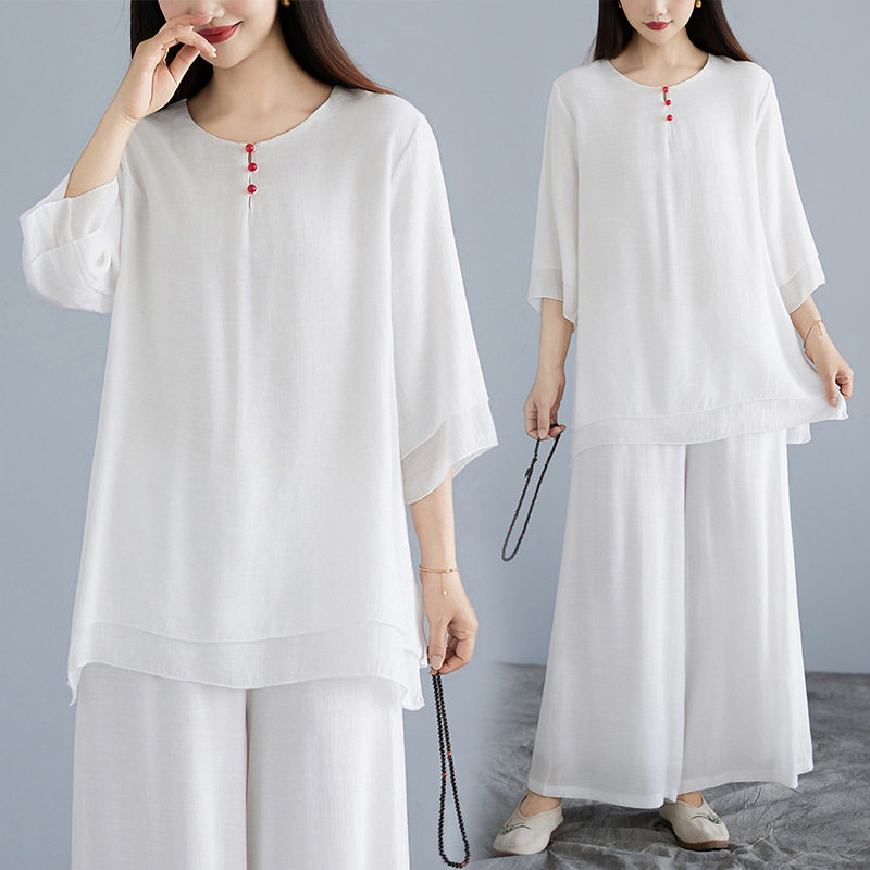2026年新款休闲白色太极服女春夏短袖练功服套装八段锦太极拳服装图片