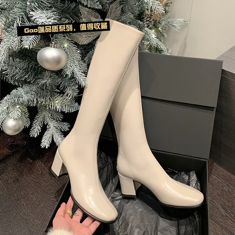 腿精～米色全皮后拉链高跟骑士靴2025秋冬真皮圆头不过膝长靴加绒,女鞋,汉服鞋,淘宝优惠券,粉丝福利购,淘宝优惠卷