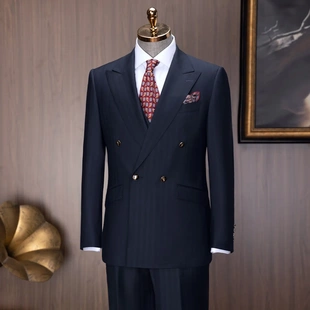 男款 商务暗竖条纹男士 双排扣西服套装 羊毛西服三件套新郎婚礼西装