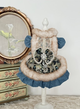 AW精美刺绣花纹刺绣拼贴灯芯绒黑蓝色氛围感雪纳瑞宠物衣服秋冬款