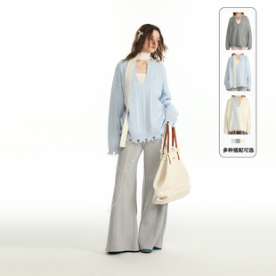 CyNi 设计感U领纽花套头毛衣针织衫套头上衣2024秋女慵懒风高级感