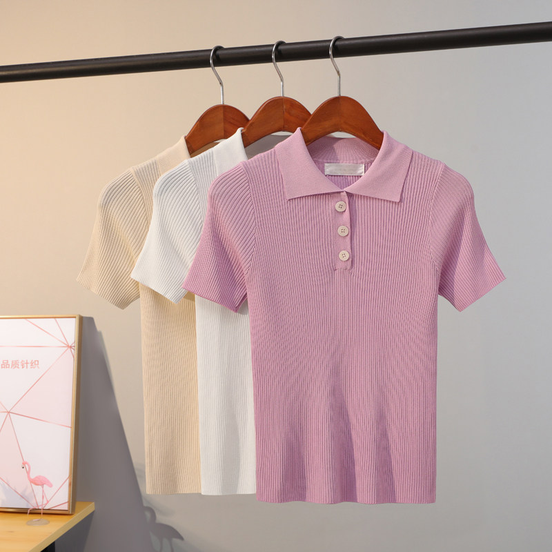 夏季娃娃领冰丝t恤女修身纯色百搭短袖polo领扣子套头薄款打底衫
