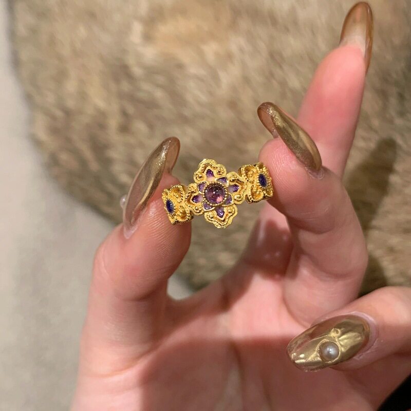 日系CherryKoko轻奢高级紫水晶镂空法琅戒指粉色珐琅复古花边