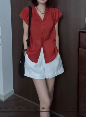 日系cherrykoko25375夏季新款v领单排扣色小衫高腰宽松短裤女潮