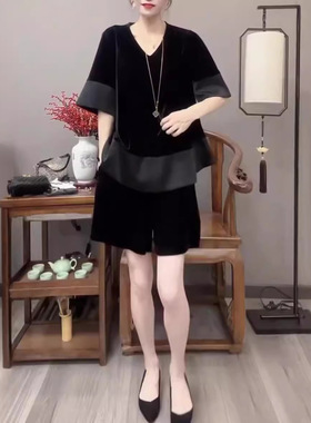 日系cherrykoko24580新款中袖上衣短裤丝绒套装宽松显瘦两件套女