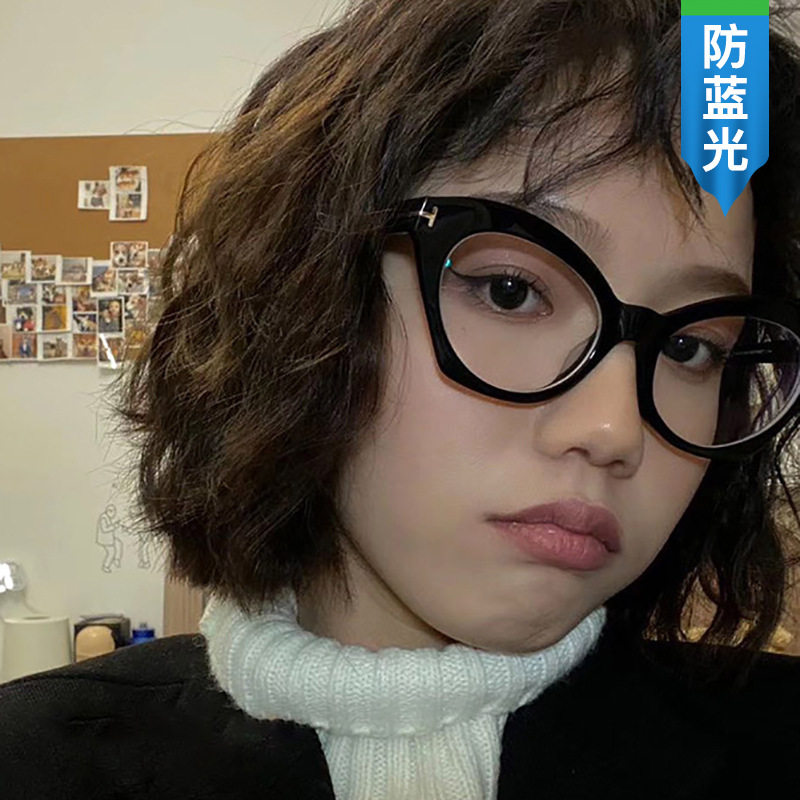 日本cherrykoko新款防蓝光眼镜复古猫眼亮黑色个性眼镜框平光镜
