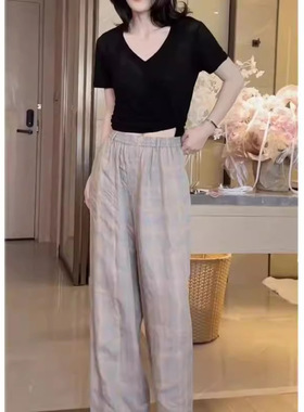 日系cherrykoko24325夏季新款静版v领短袖t恤高腰阔腿裤时尚显瘦