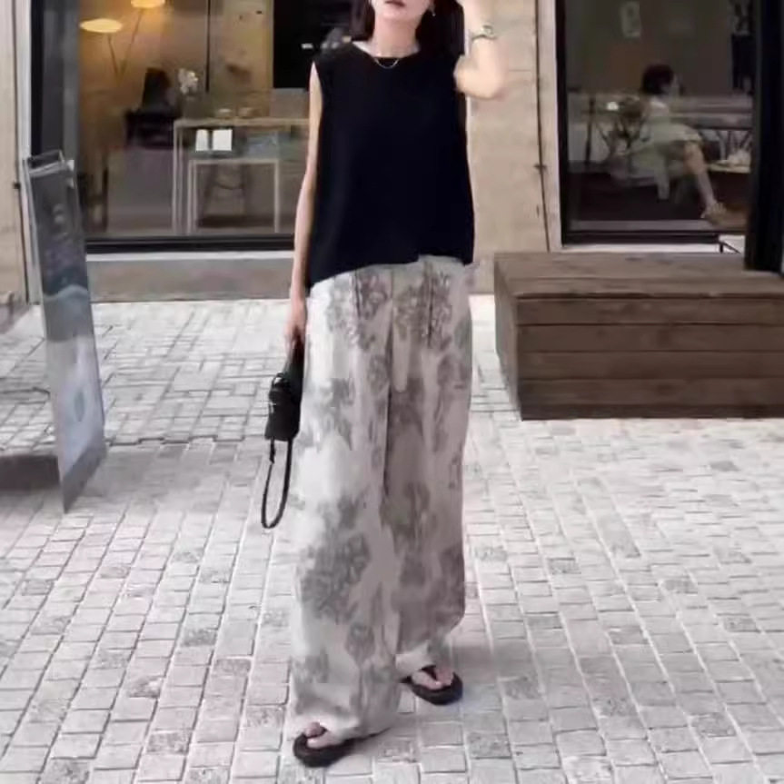 日系cherrykoko夏季新款宽松无袖背心休闲印花阔腿裤时尚女