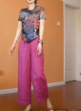 日系cherrykoko25622夏季新款印花轻薄短袖上衣高腰宽松阔腿裤女