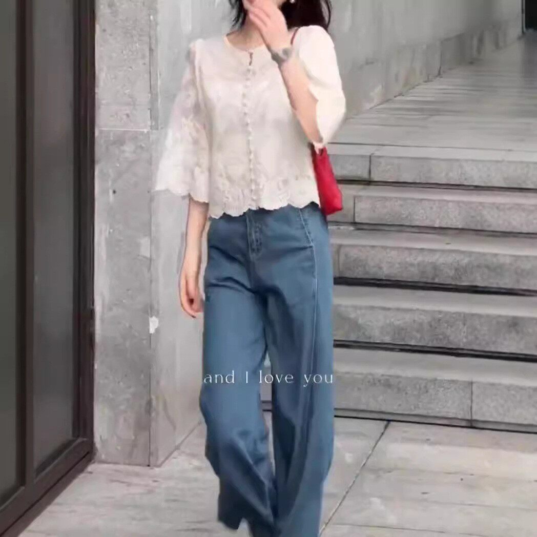 日系cherrykoko新款法式高级感白色蕾丝上衣垂感阔腿裤女装