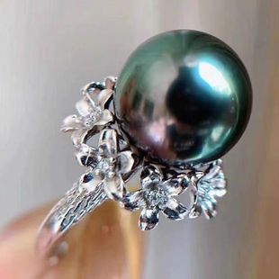 日系CherryKoko溪地海水孔雀绿珍珠戒指女复古潮流镀S925银镶嵌