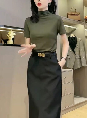 日系cherrykoko23050春季新款色短袖修身打底衫+高腰半身裙时尚