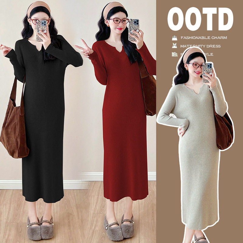 日系CherryKoko孕妇裙子秋装法式甜美套头V领针织长裙春秋季大码