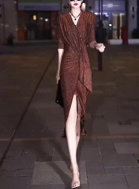 日系cherrykoko23603新款女神范优雅显瘦v领长裙洋气开叉连衣裙