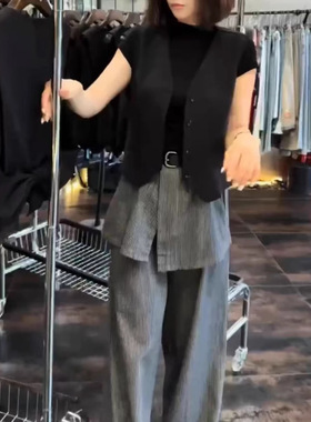 日系cherrykoko25197夏季新款洋气后背蝴蝶结马甲条纹阔腿裤女潮