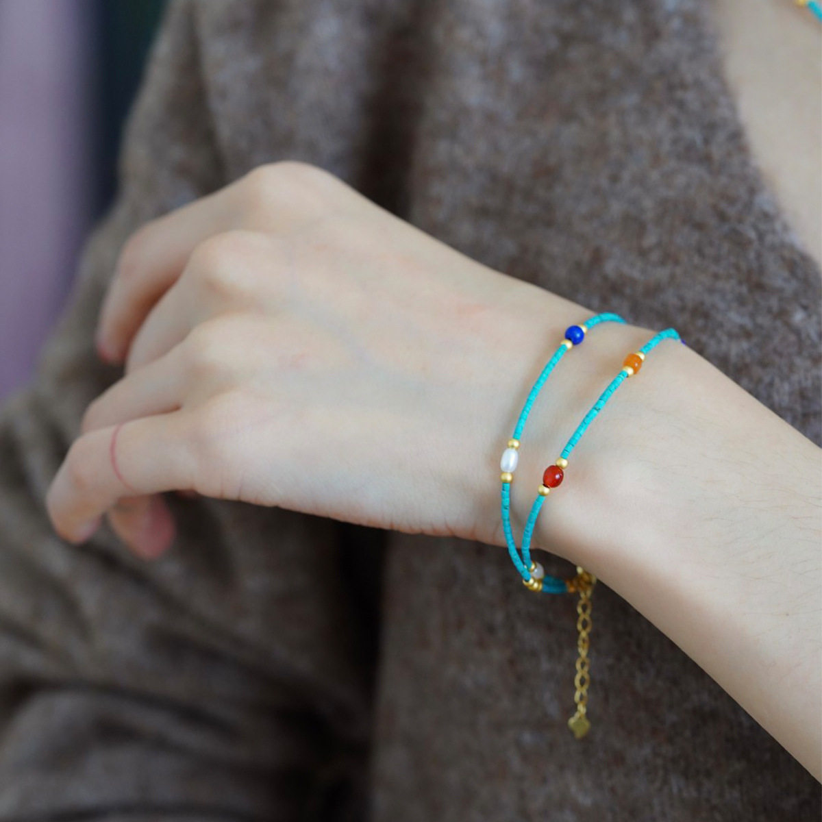 李佳棋推荐新中式复古绿松石珍珠串珠百搭高级感轻奢双层手链多