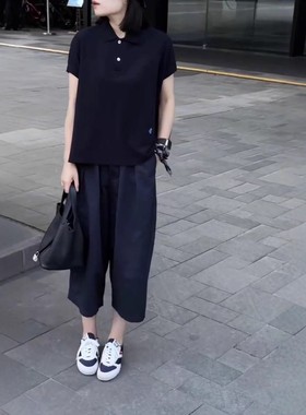 日系cherrykoko25329夏季新款polo领宽松短袖上衣休闲阔腿裤女潮