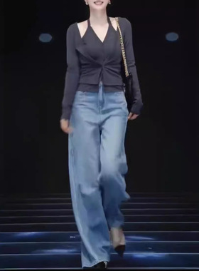 日系cherrykoko24621春秋新时尚挂脖假两件上衣高腰直筒牛仔裤女