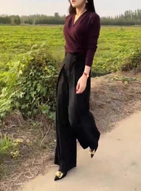 日系cherrykoko241000秋季新款高级感v领交叉长袖t恤高腰阔腿