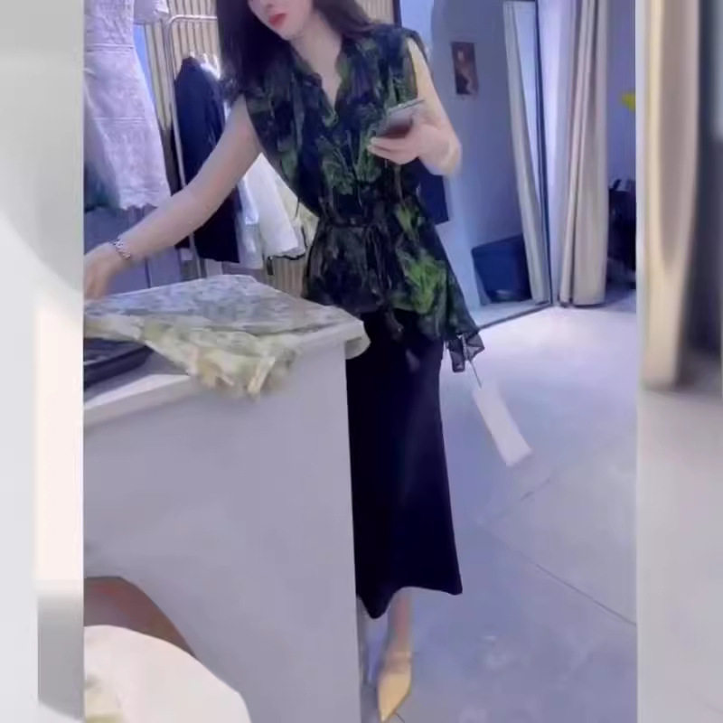 日系cherrykoko24182夏季新款时尚印花晕染衬衫高腰开叉半身裙女