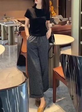 日系cherrykoko25523夏季新款慵懒风简约短袖t恤休闲舒适格子