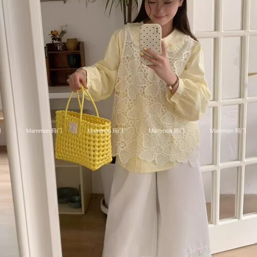 玛门小V领糖果色蕾丝马甲上衣