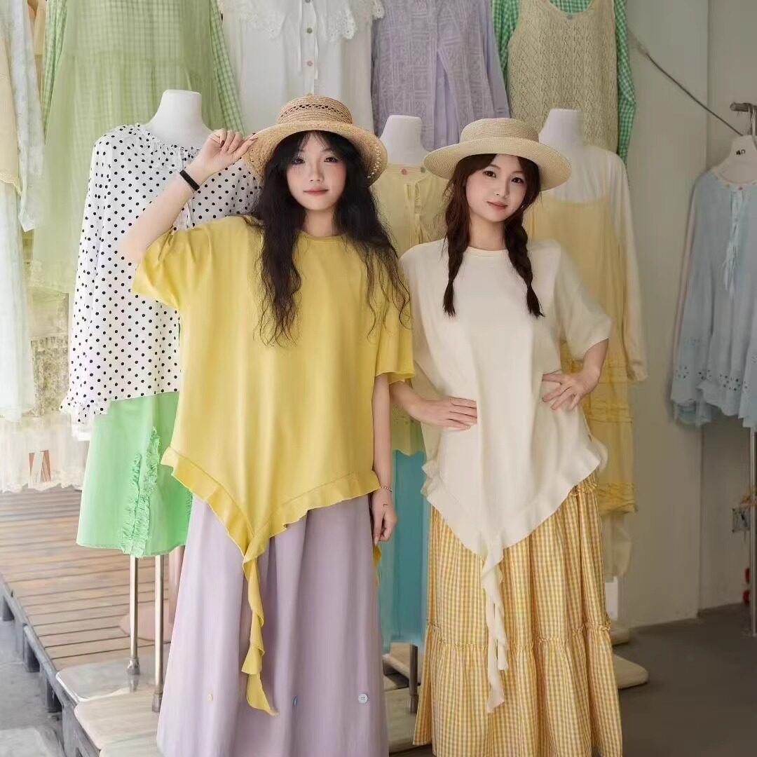 玛门2026夏季韩系纯棉圆领不规则糖果色小清新减龄百搭显瘦T恤