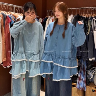 玛门2025秋季NEW森系纯色荷叶摆单排扣系扣衬衣女洋气显瘦衬衣