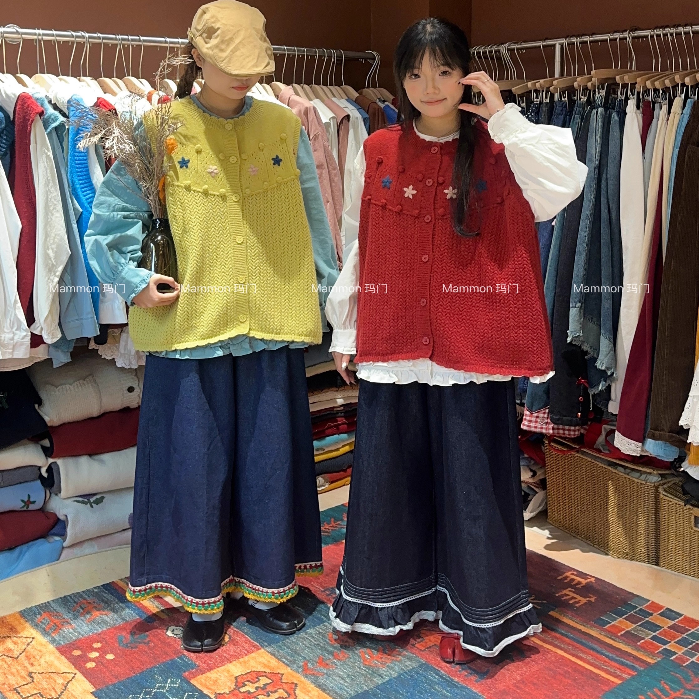 玛门手钩花手钩毛球无袖针织马甲