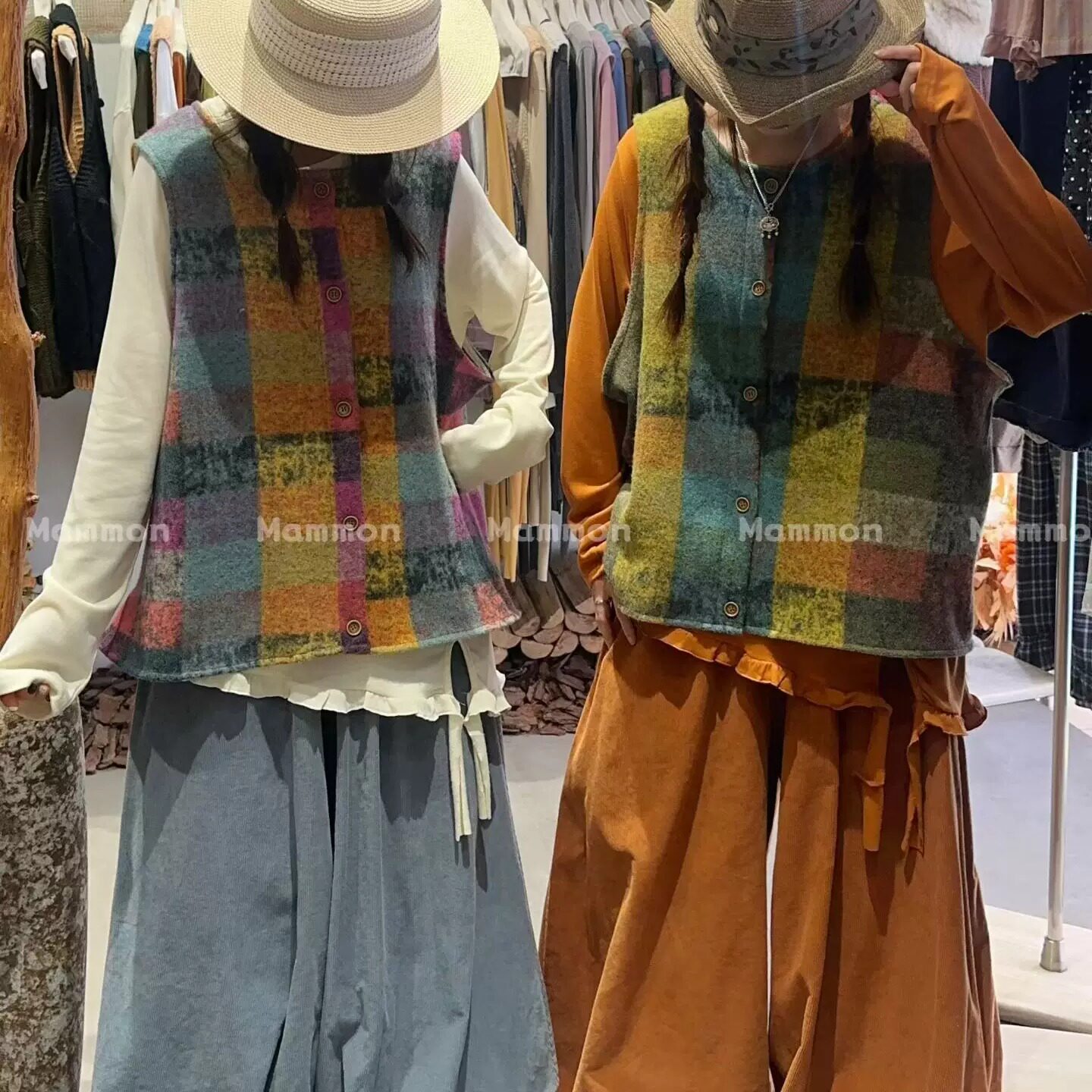 玛门森系复古油画彩色格纹马甲图片