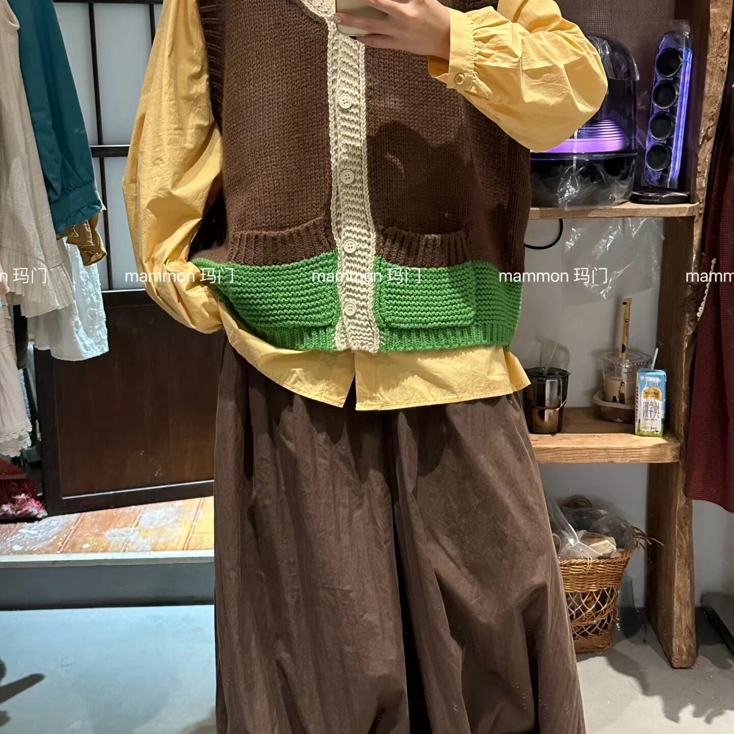玛门森系V领撞色大码宽松马甲图片