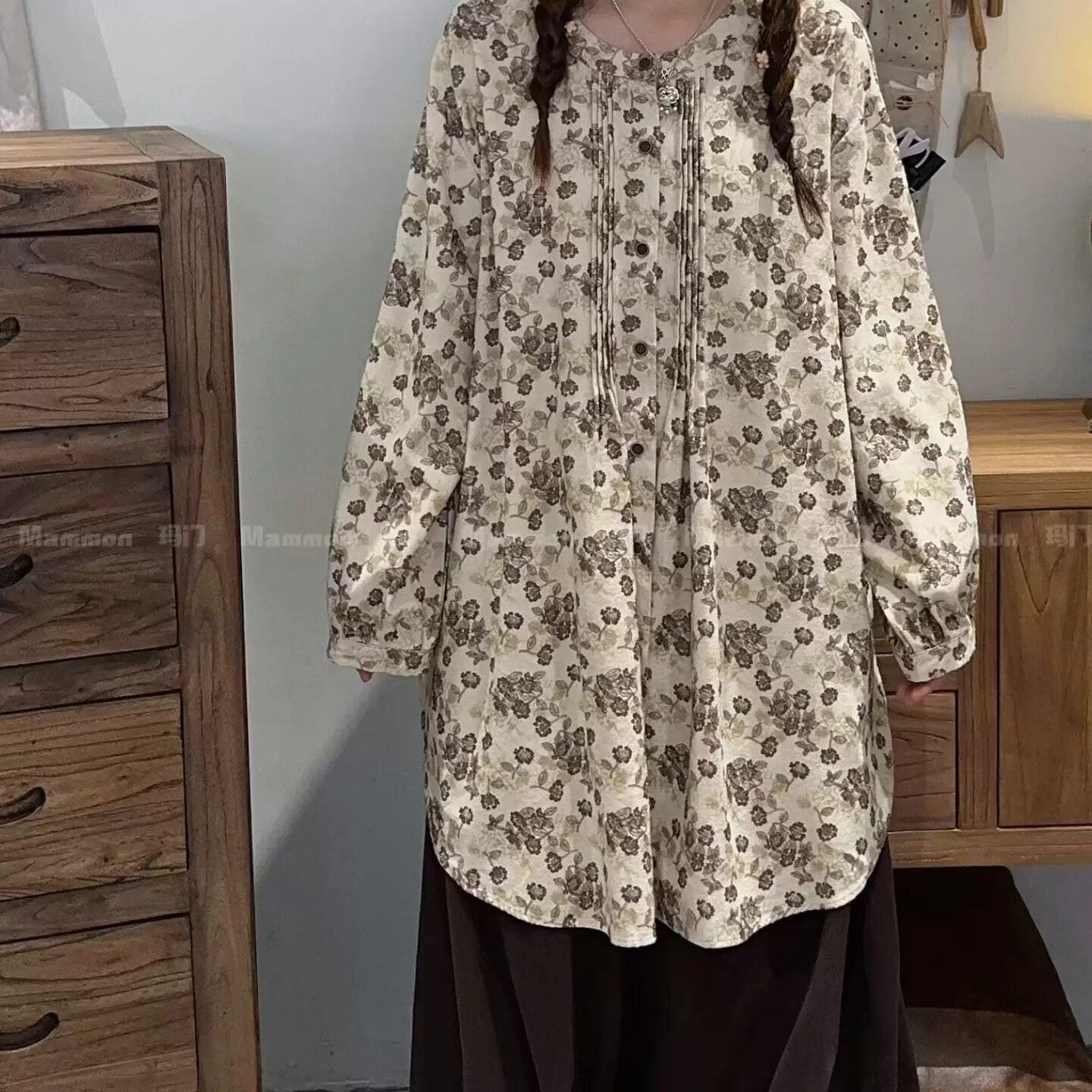 玛门森系复古做旧碎花中长款衬衫图片