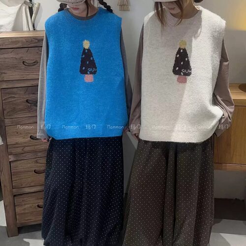 玛门圆领森系可爱小树针织马甲