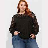 女全蕾丝镂空罩衫 美式 独特提花长袖 TORRID180斤大码 黑色新款 上衣