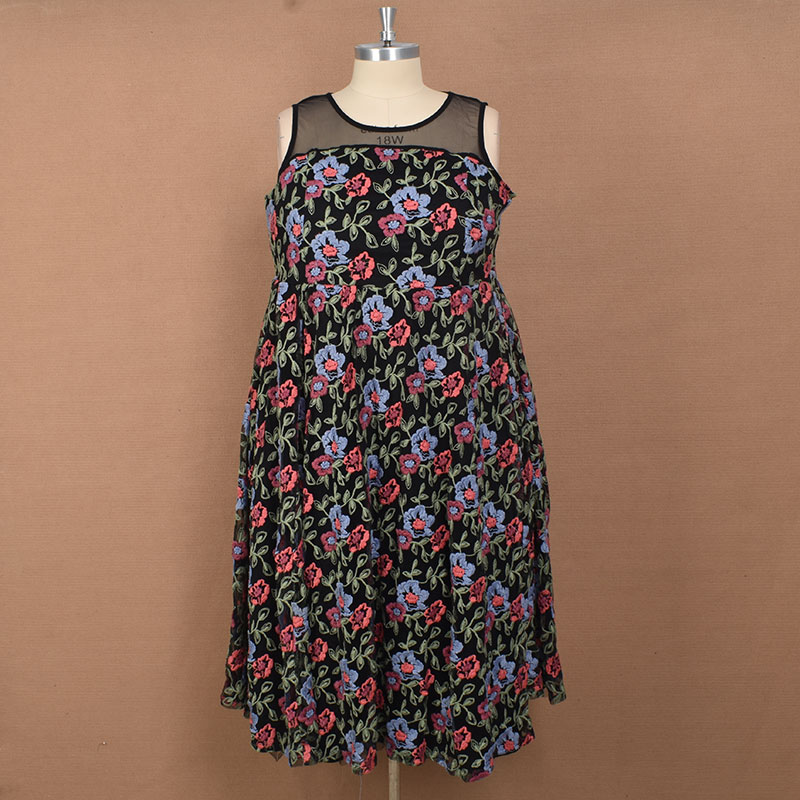 160170斤大码外贸女装胖M刺绣蕾丝纱网蓬蓬背心连衣裙礼服胸围120